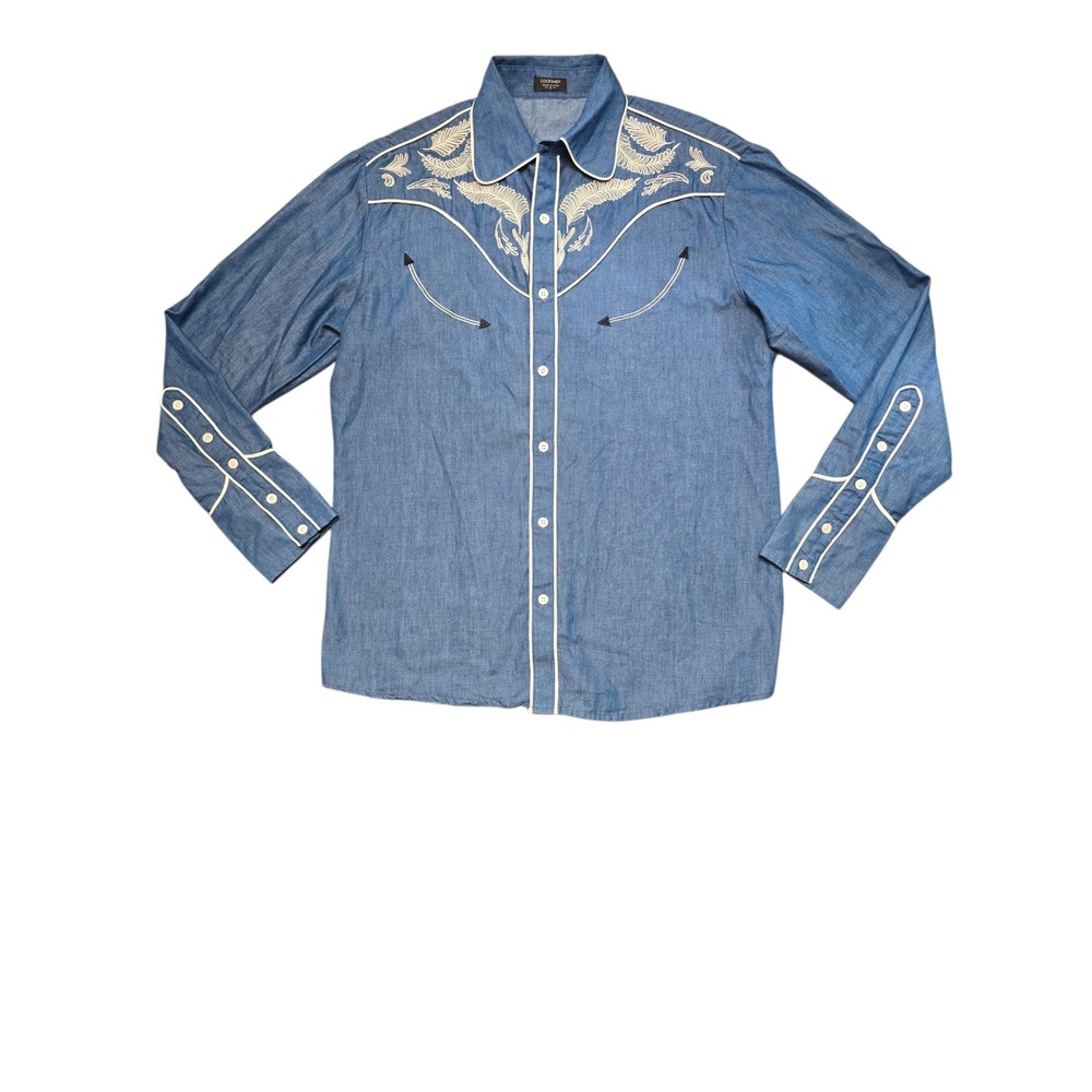 Coofandy Mens Western Embroidered Button Down Shirt Blue Denim Look Small